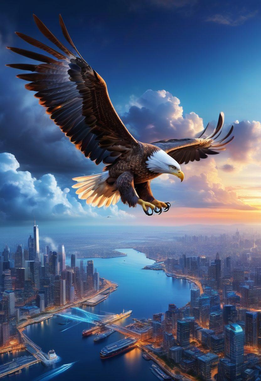 A majestic eagle soaring high above vast, bustling cities and serene landscapes, symbolizing global shipping solutions. The eagle carries a stylized shipping container in its talons, showcasing strength and precision in logistics. Below, a world map with shipping routes illuminated in vibrant colors connects different continents, emphasizing global reach and innovation. The sky is a radiant blue with fluffy clouds, enhancing the sense of freedom and elevation. super-realistic. vibrant colors. 3D.