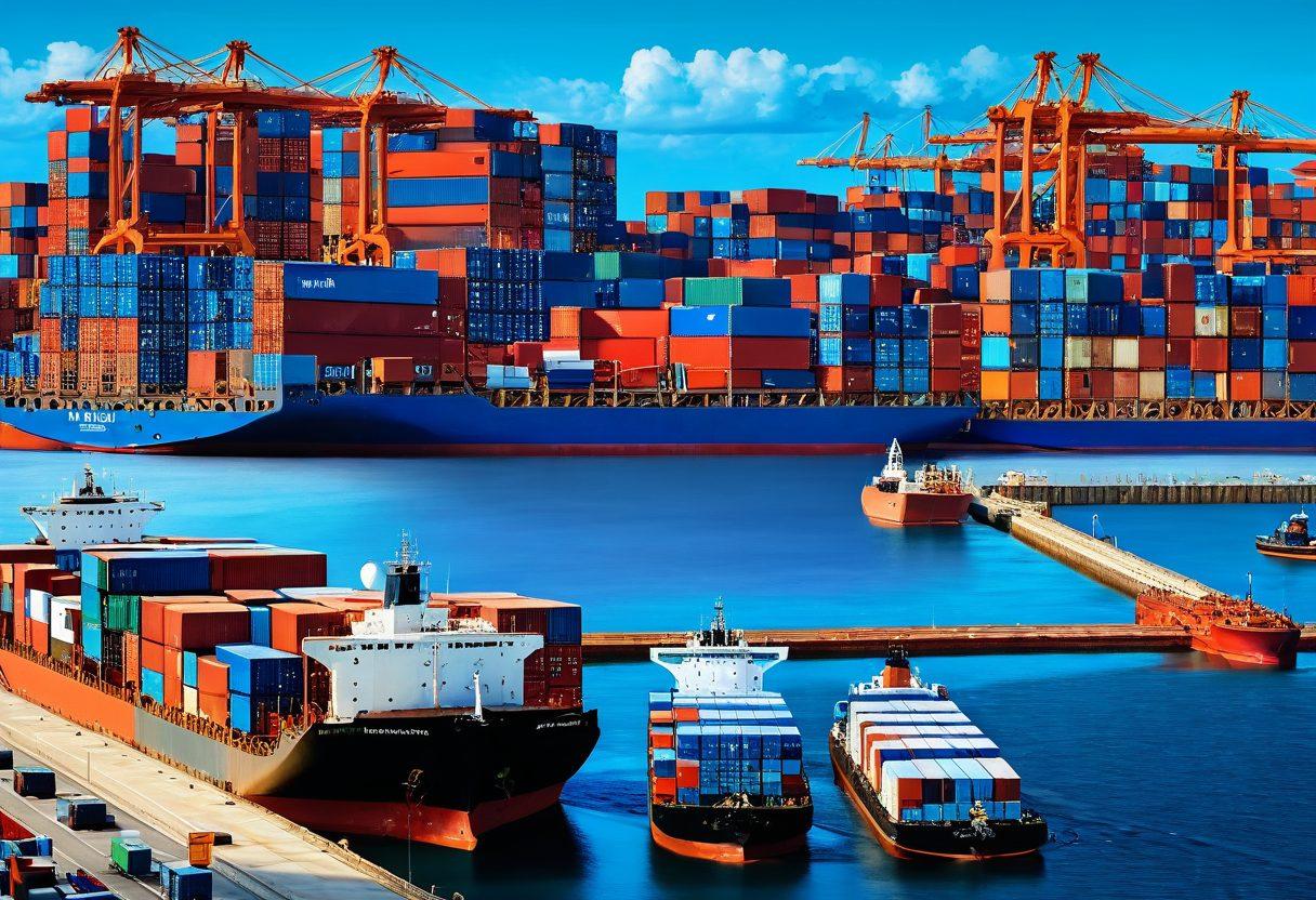 A dynamic collage illustrating the journey of cargo from a bustling port to a sophisticated customs office, featuring a diverse range of cargo containers, logistics trucks, and customs officials reviewing documents. Integrate elements representing global trade, like world maps and shipping routes, under a bright blue sky, symbolizing efficiency and connectivity. super-realistic. vibrant colors. 3D.