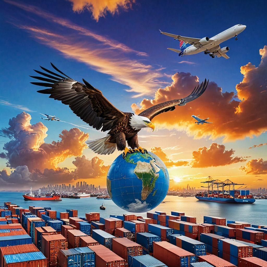 A majestic eagle soaring above a globe made up of shipping containers and cargo ships, symbolizing global logistics and delivery. Below, a vibrant cityscape and a network of air routes crisscrossing the sky. Incorporate elements like clouds and air traffic, while showcasing a blend of nature and technology, emphasizing the seamless movement of goods. super-realistic. vibrant colors. dynamic composition.